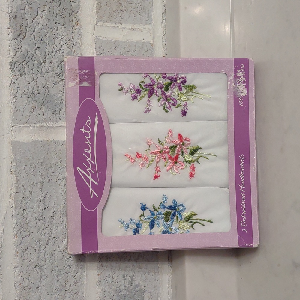 Axxents 100% Cotton Blue, Pink and Purple Floral Embroidered Handkerchiefs New